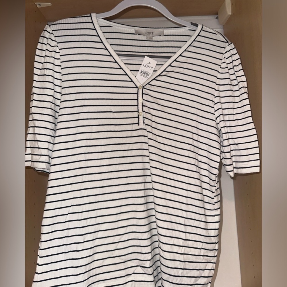 LOFT Black and White Striped V-Neck Top